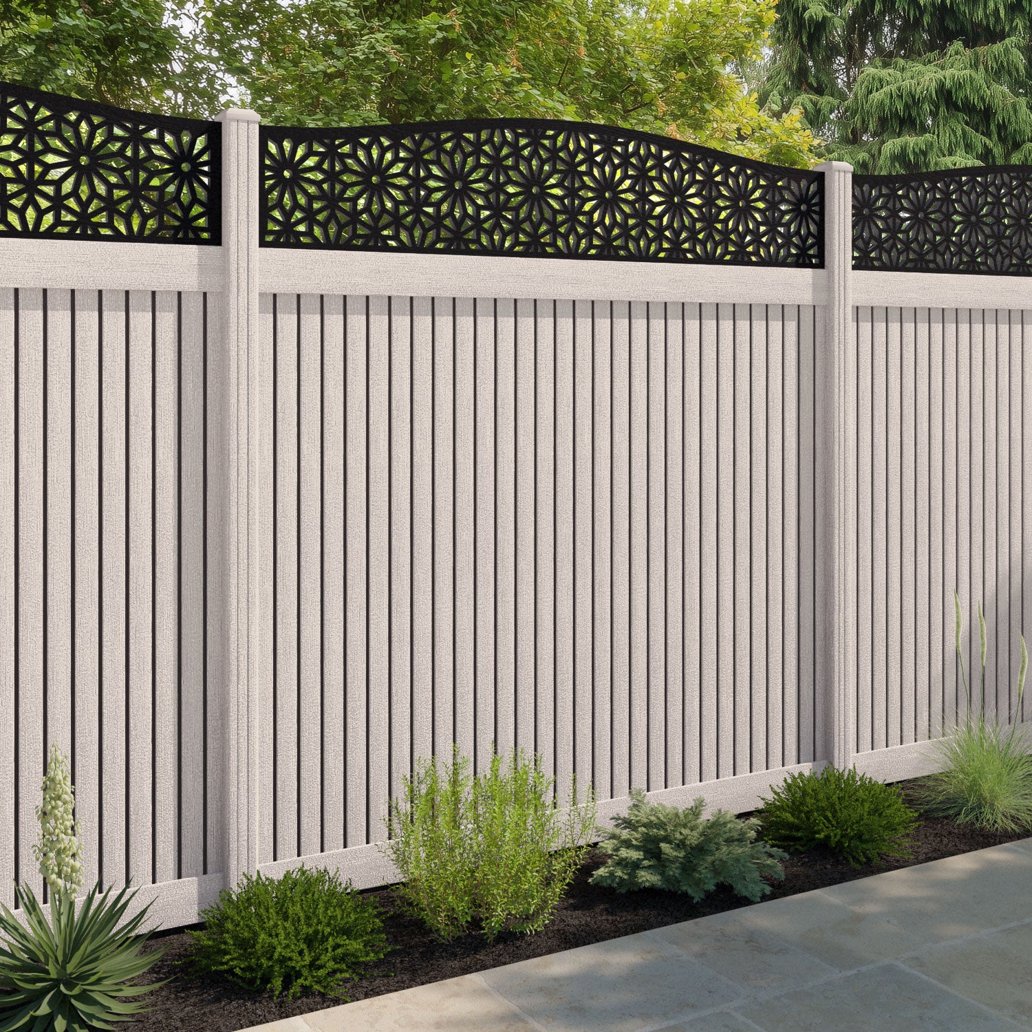 Virtis Narwa Curved Top Fence Panel - Mid Stone - with our composite posts
