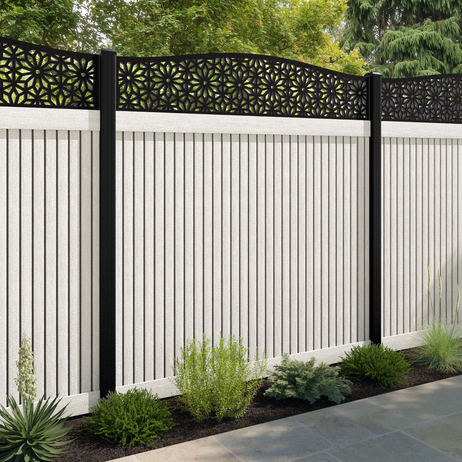 Virtis Narwa Curved Top Fence Panel - Light Stone - with our aluminium posts