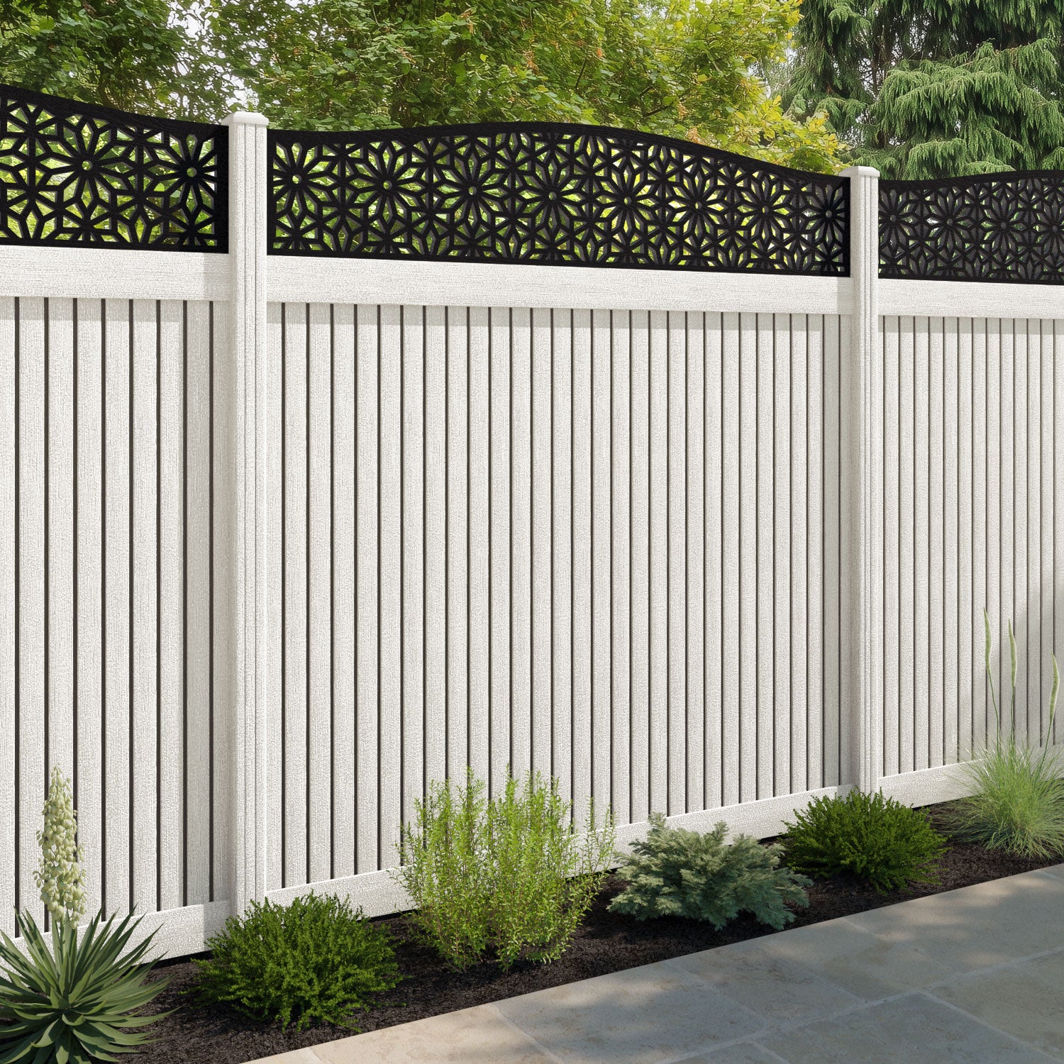 Virtis Narwa Curved Top Fence Panel - Light Stone - with our composite posts