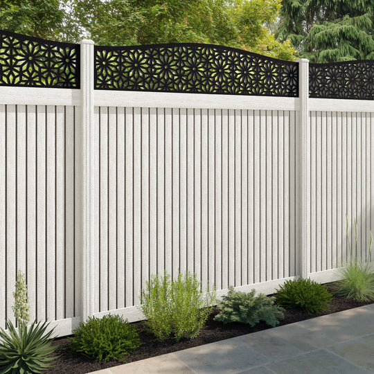 Virtis Narwa Curved Top Fence Panel - Light Stone - with our composite posts