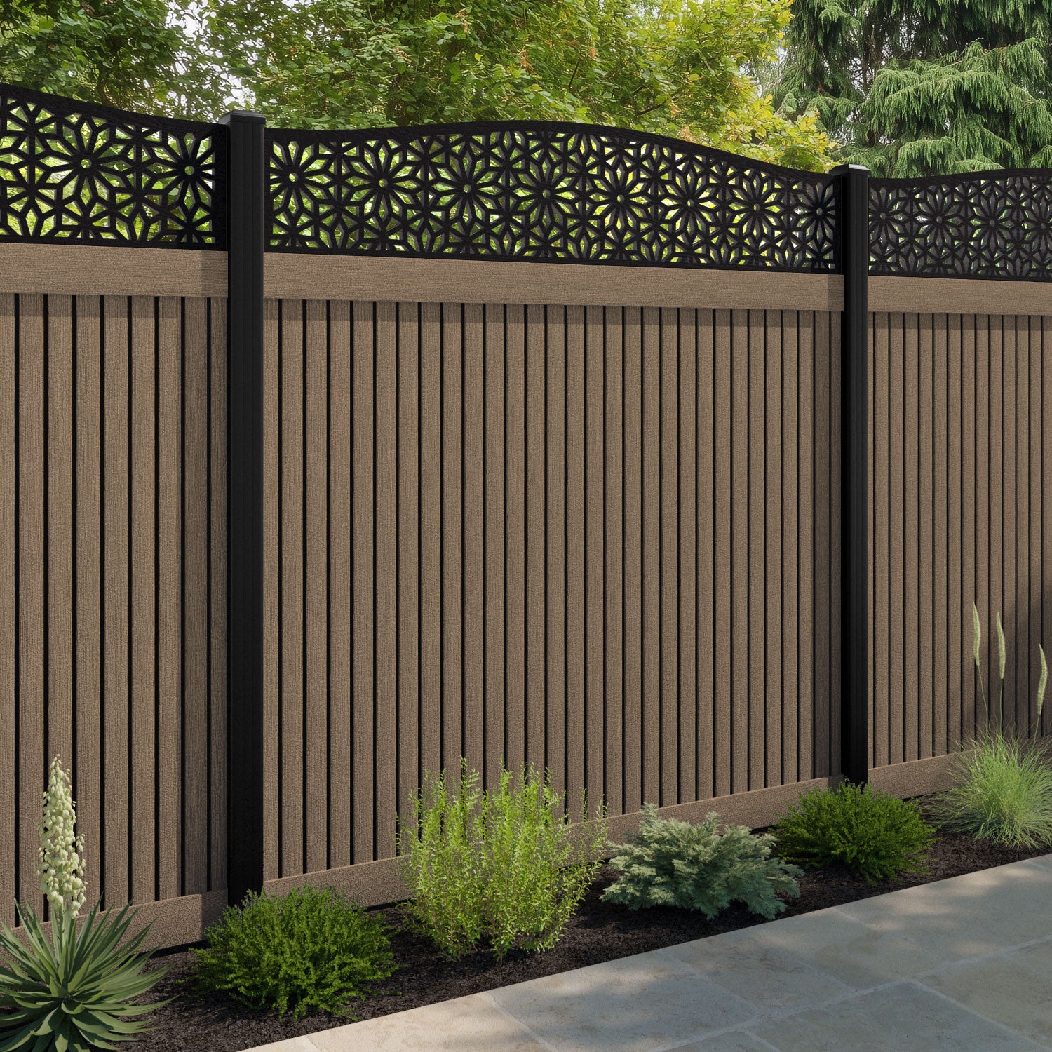 Virtis Narwa Curved Top Fence Panel - Teak - with our composite posts