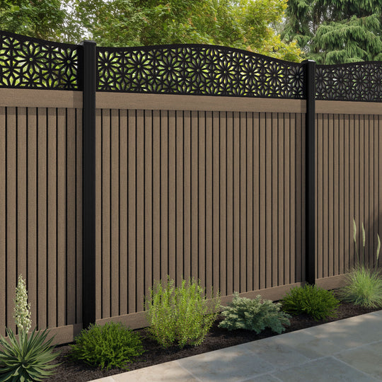 Virtis Narwa Curved Top Fence Panel - Teak - with our aluminium posts