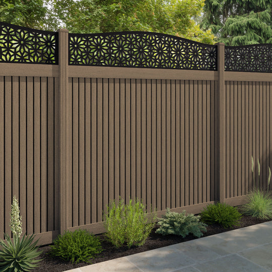 Virtis Narwa Curved Top Fence Panel - Teak - with our composite posts