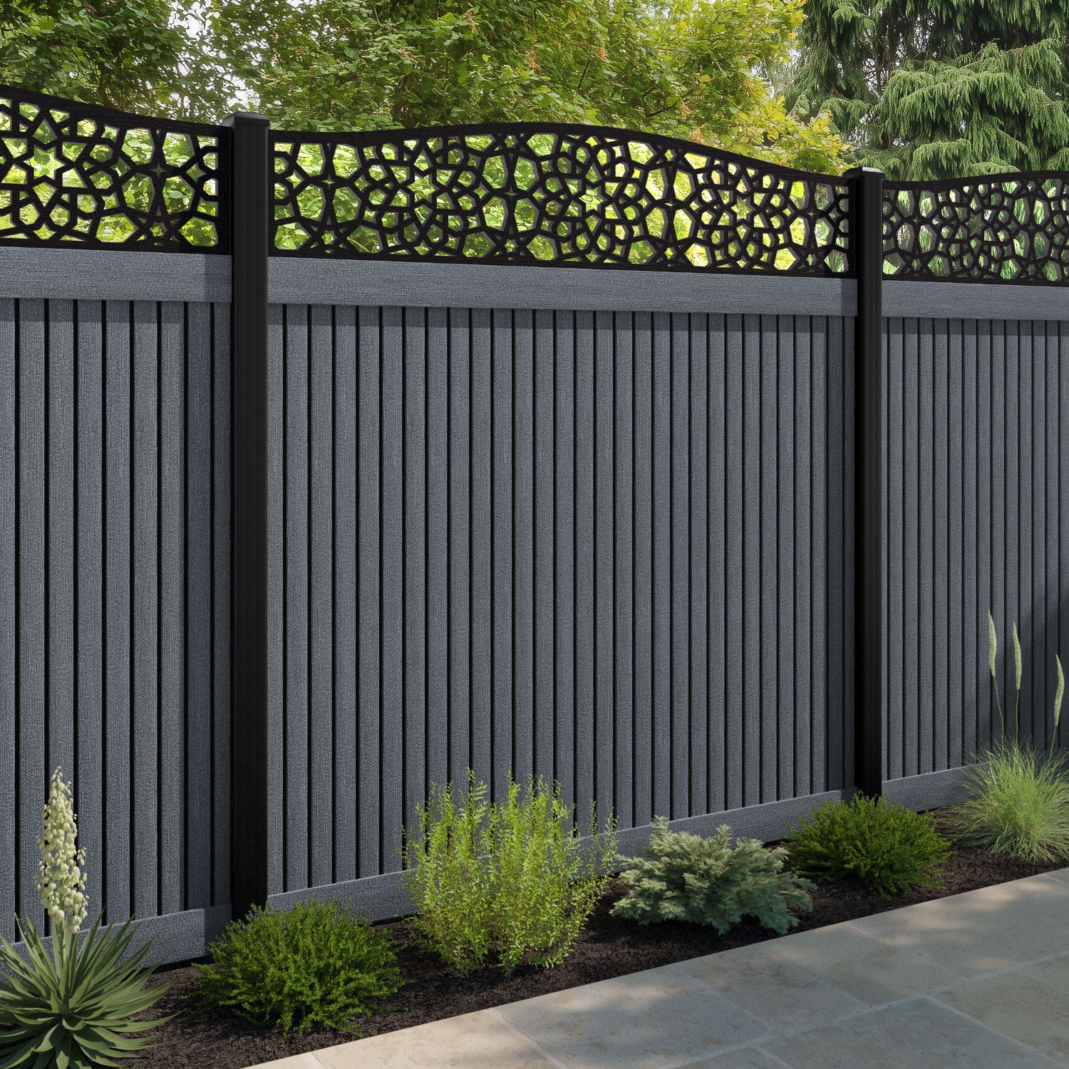 Virtis Nazira Curved Top Fence Panel - Anthracite - with our composite posts
