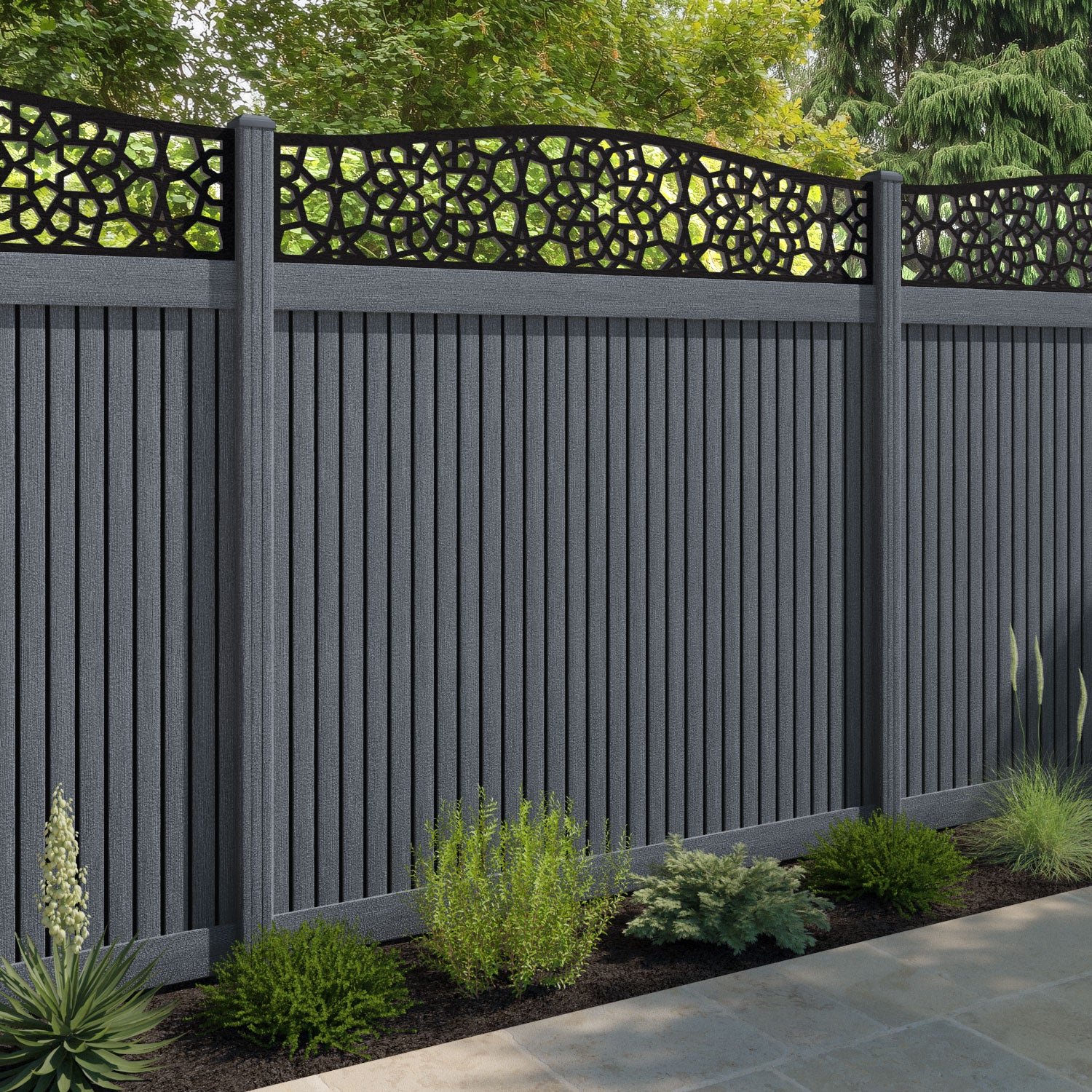 Virtis Nazira Curved Top Fence Panel - Anthracite - with our composite posts