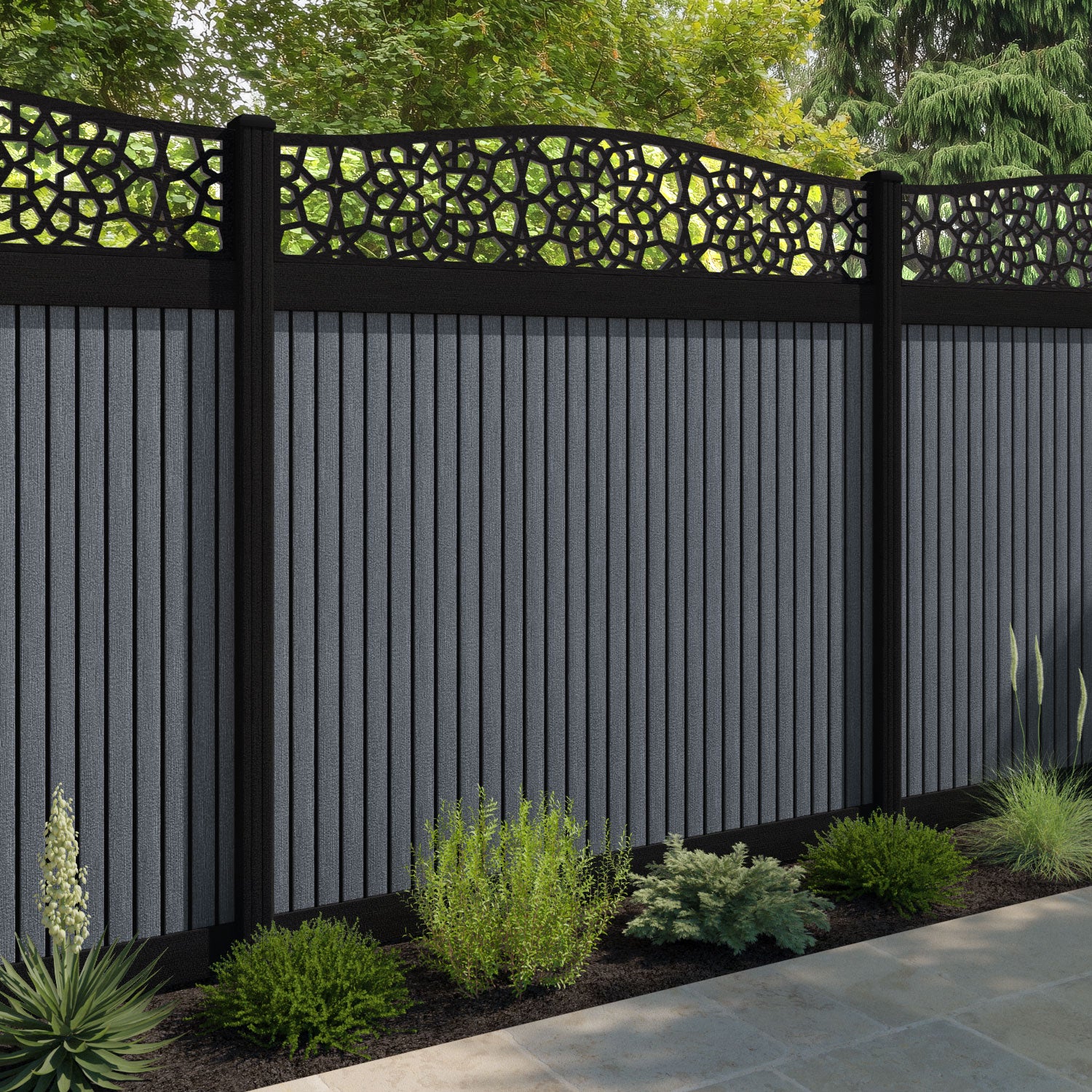 Virtis Nazira Curved Top Fence Panel - Anthracite - with our composite posts