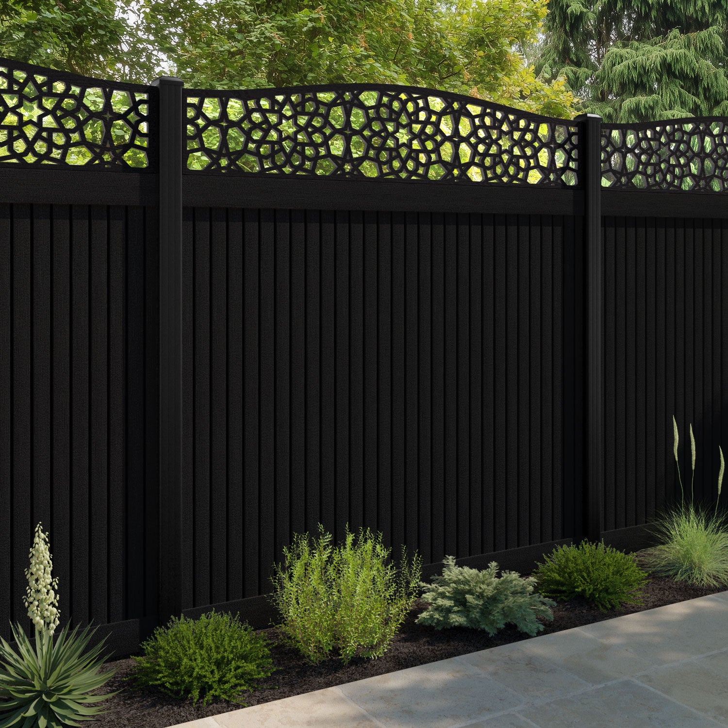 Virtis Nazira Curved Top Fence Panel - Black - with our aluminium posts