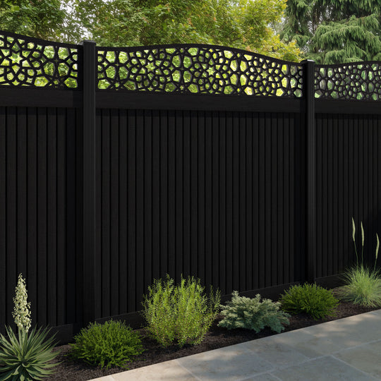Virtis Nazira Curved Top Fence Panel - Black - with our aluminium posts