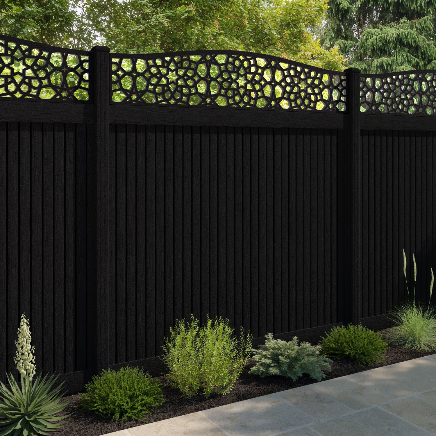 Virtis Nazira Curved Top Fence Panel - Black - with our composite posts
