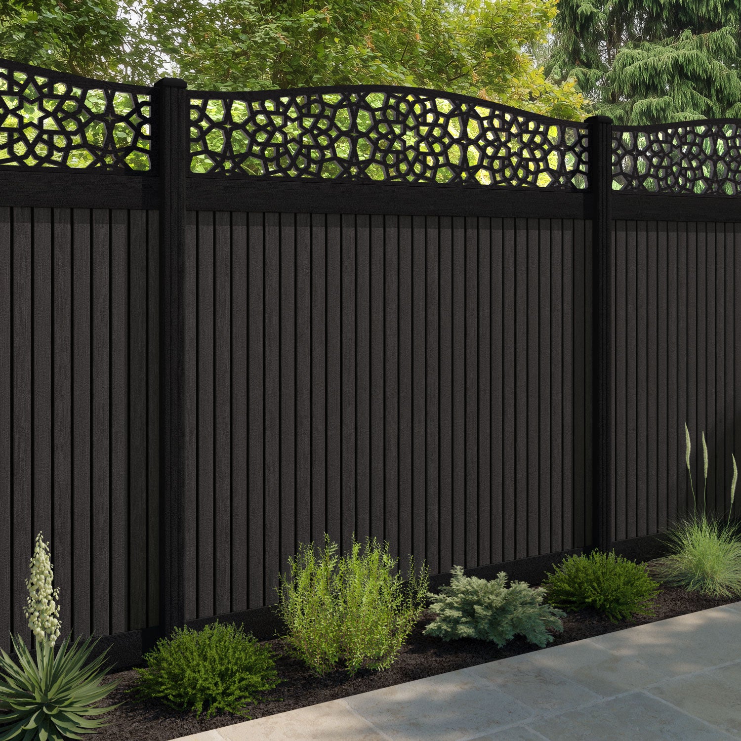 Virtis Nazira Curved Top Fence Panel - Dark Oak - with our composite posts