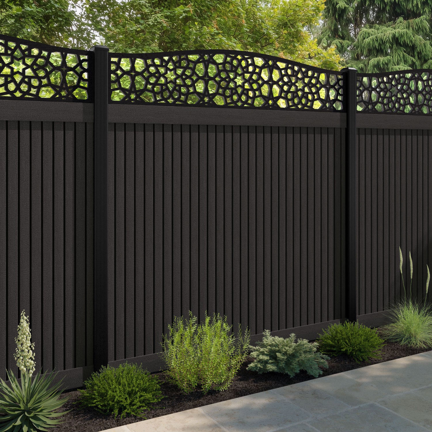 Virtis Nazira Curved Top Fence Panel - Dark Oak - with our aluminium posts