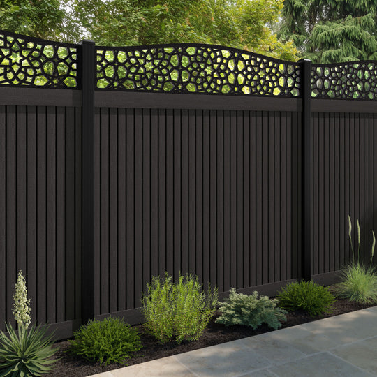 Virtis Nazira Curved Top Fence Panel - Dark Oak - with our aluminium posts