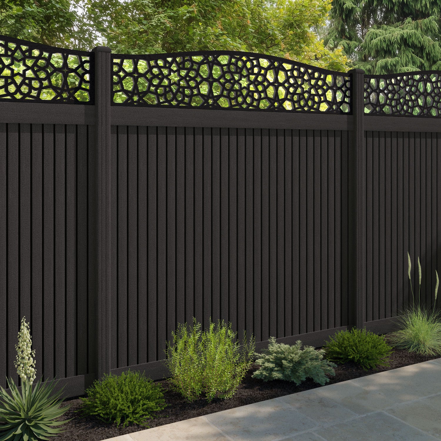 Virtis Nazira Curved Top Fence Panel - Dark Oak - with our composite posts