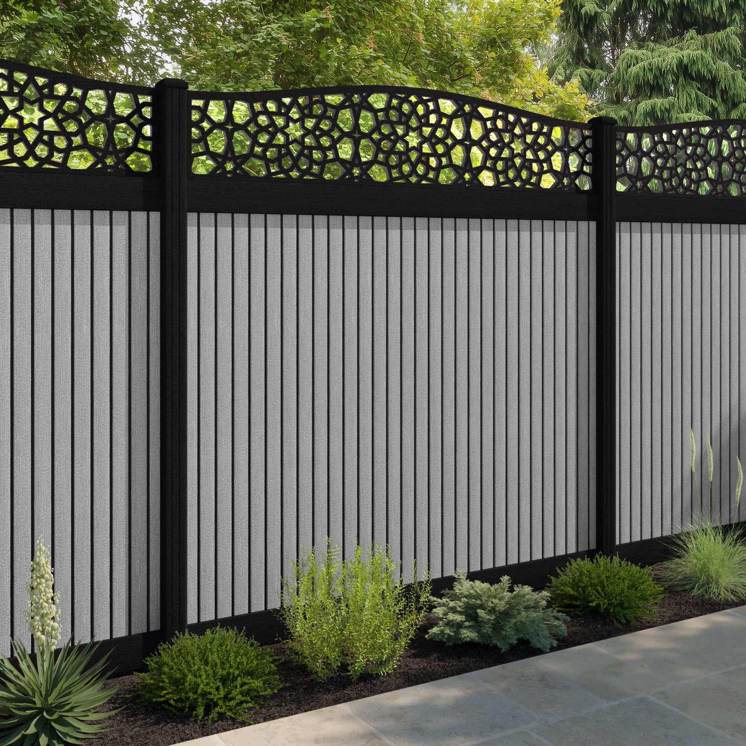 Virtis Nazira Curved Top Fence Panel - Light Grey - with our aluminium posts