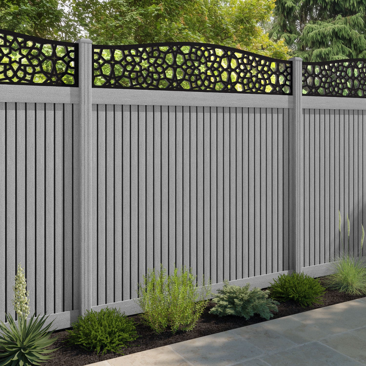 Virtis Nazira Curved Top Fence Panel - Light Grey - with our composite posts