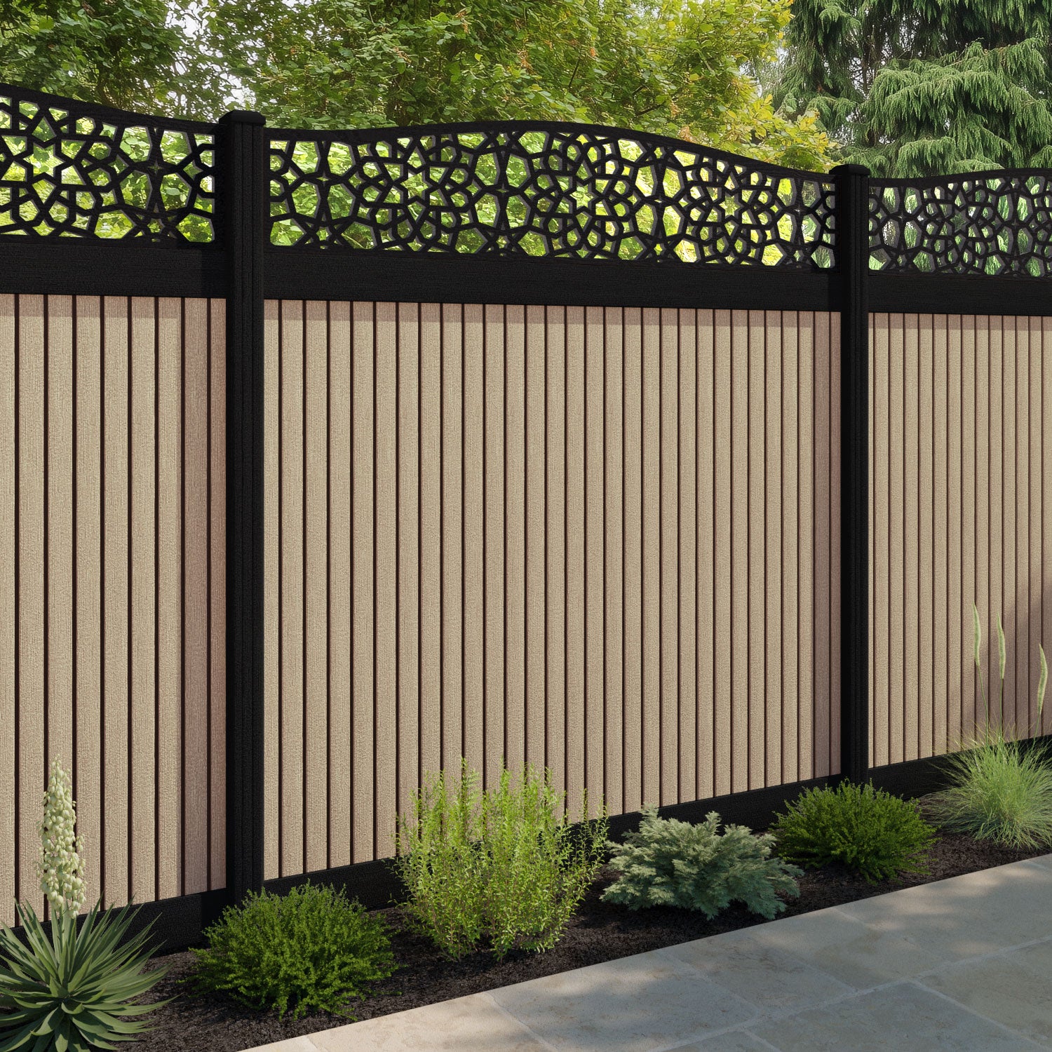 Virtis Nazira Curved Top Fence Panel - Light Oak - with our composite posts