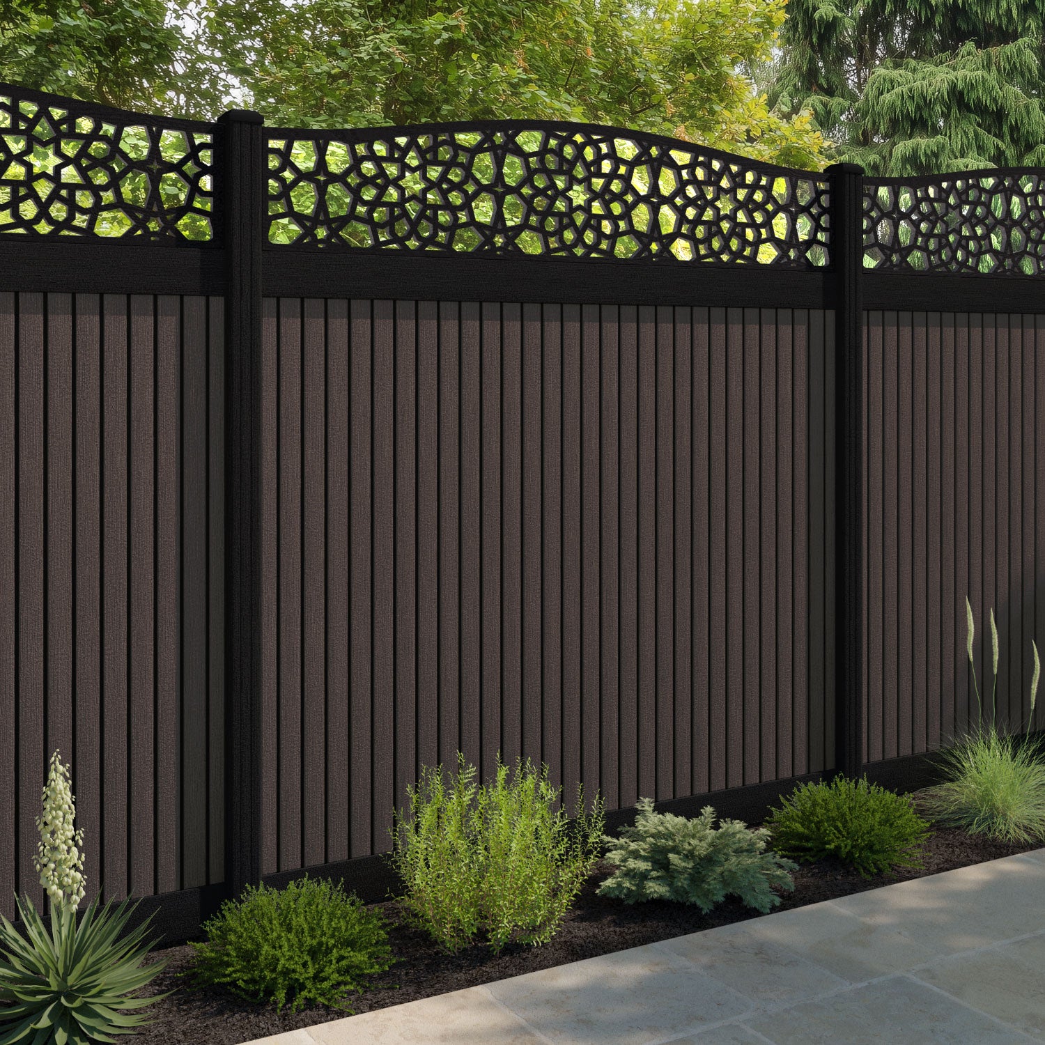 Virtis Nazira Curved Top Fence Panel - Mid Brown - with our aluminium posts