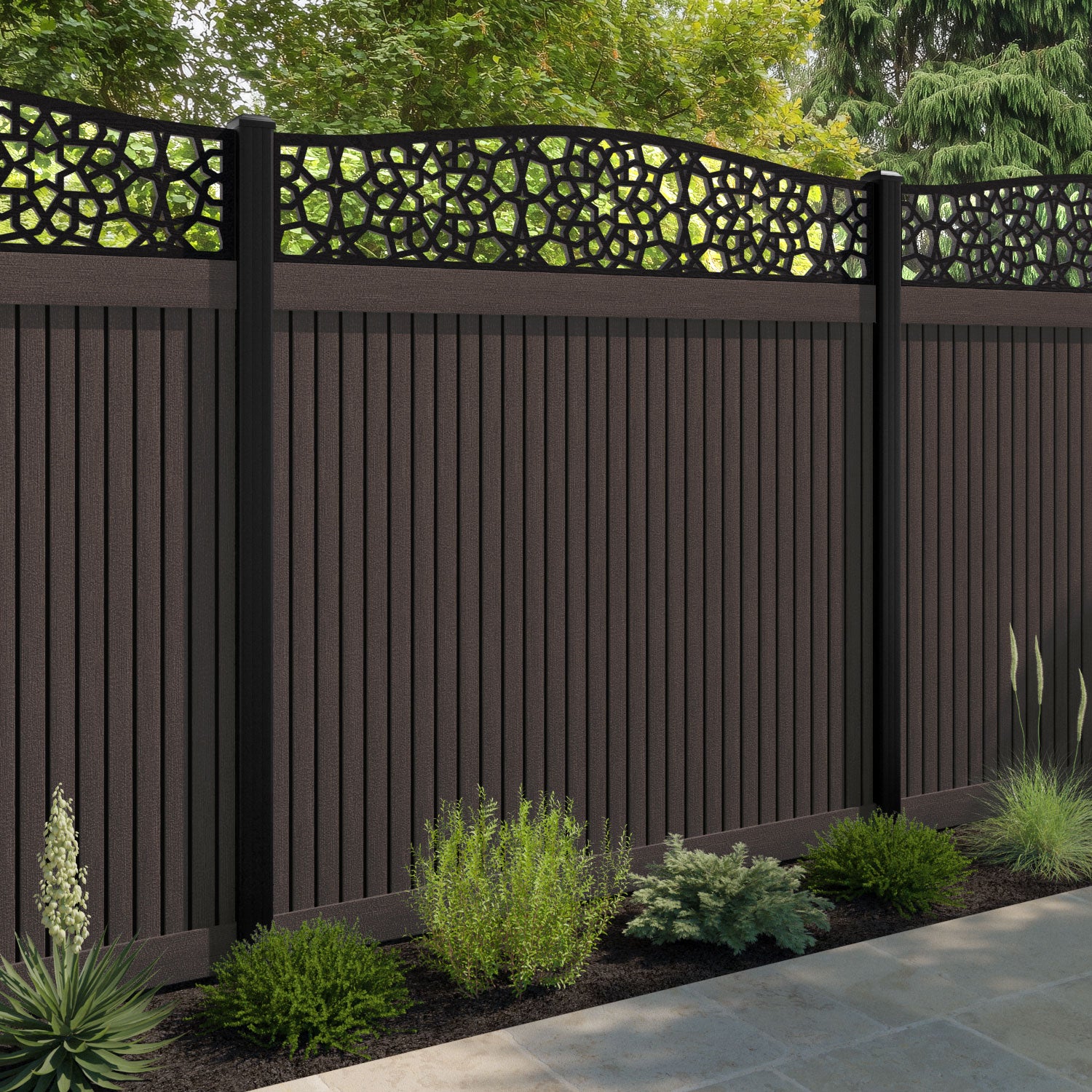 Virtis Nazira Curved Top Fence Panel - Mid Brown - with our aluminium posts