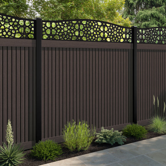 Virtis Nazira Curved Top Fence Panel - Mid Brown - with our aluminium posts