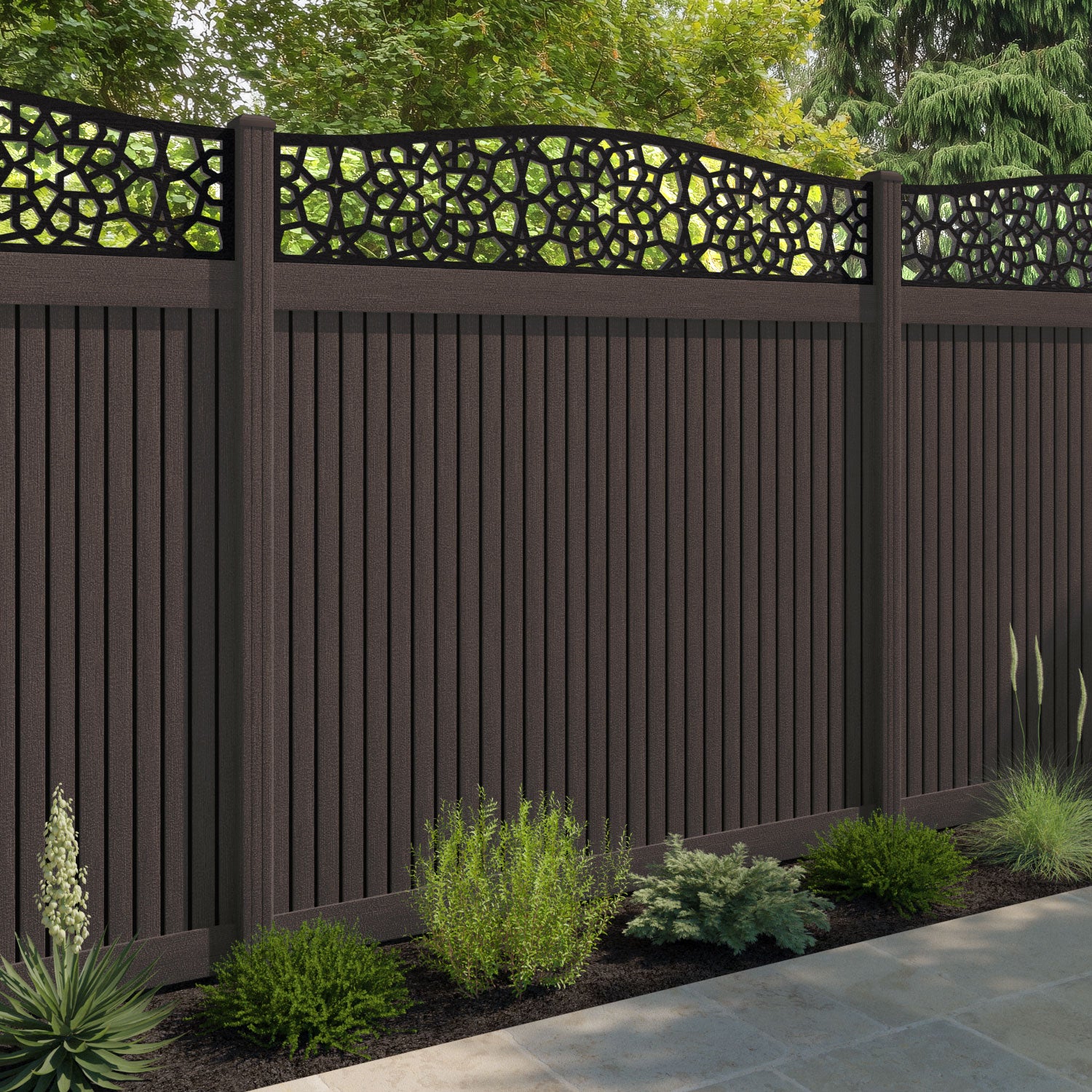 Virtis Nazira Curved Top Fence Panel - Mid Brown - with our composite posts