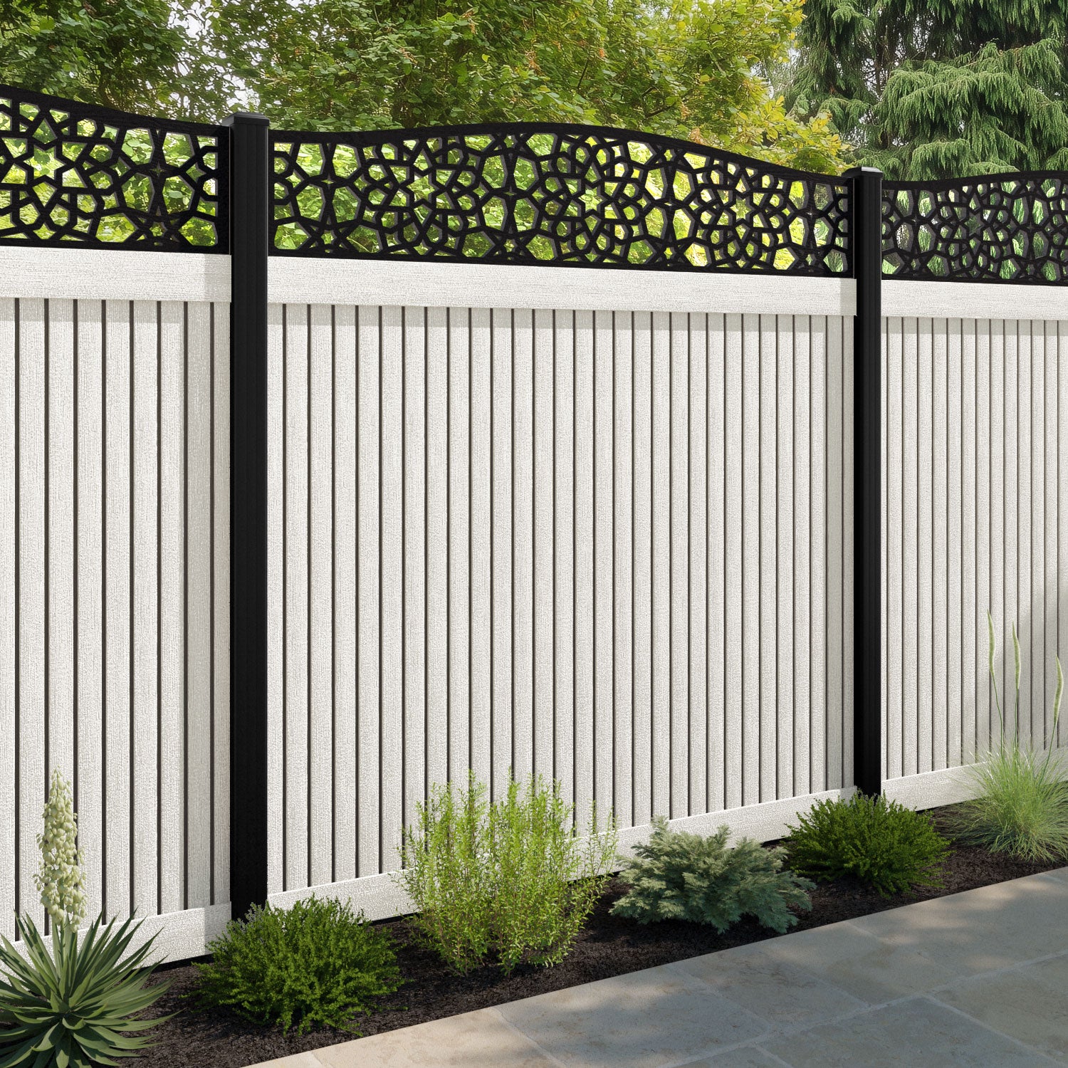 Virtis Nazira Curved Top Fence Panel - Light Stone - with our aluminium posts