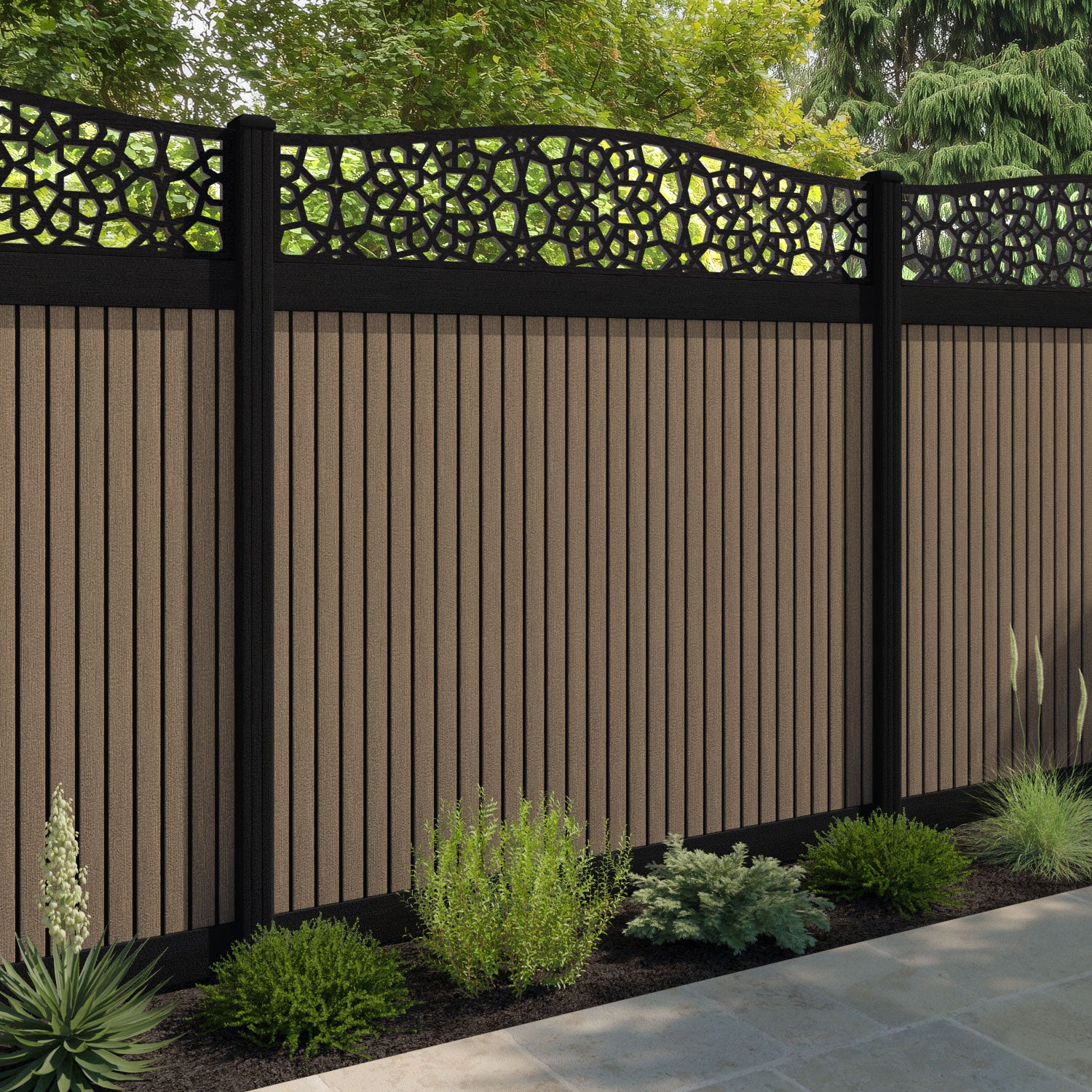 Virtis Nazira Curved Top Fence Panel - Teak - with our composite posts