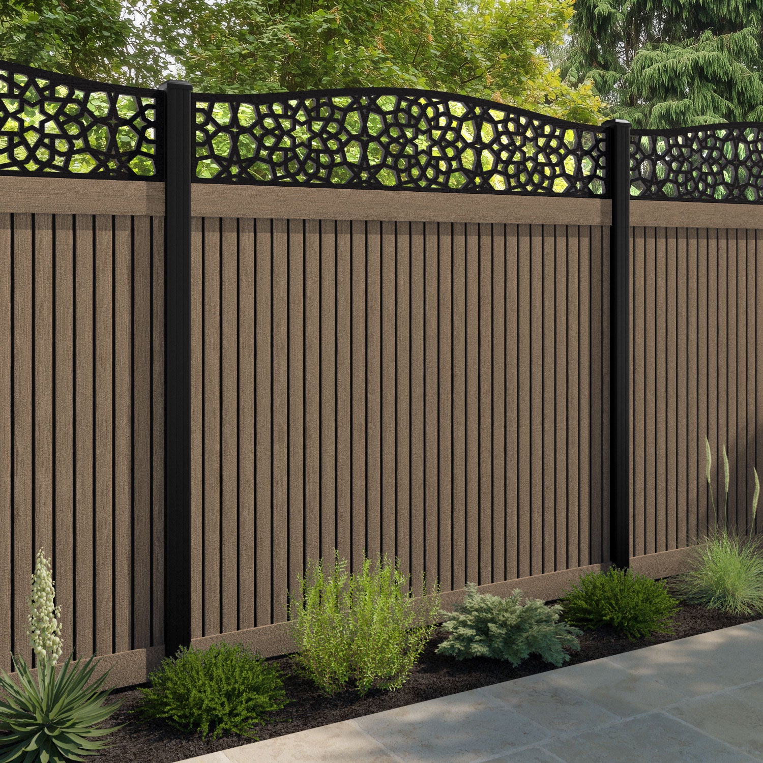 Virtis Nazira Curved Top Fence Panel - Teak - with our composite posts