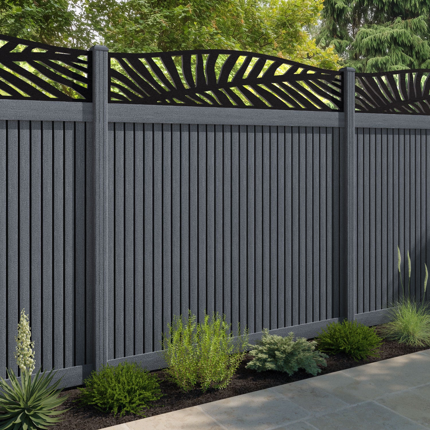 Virtis Palm Curved Top Fence Panel - Anthracite - with our composite posts