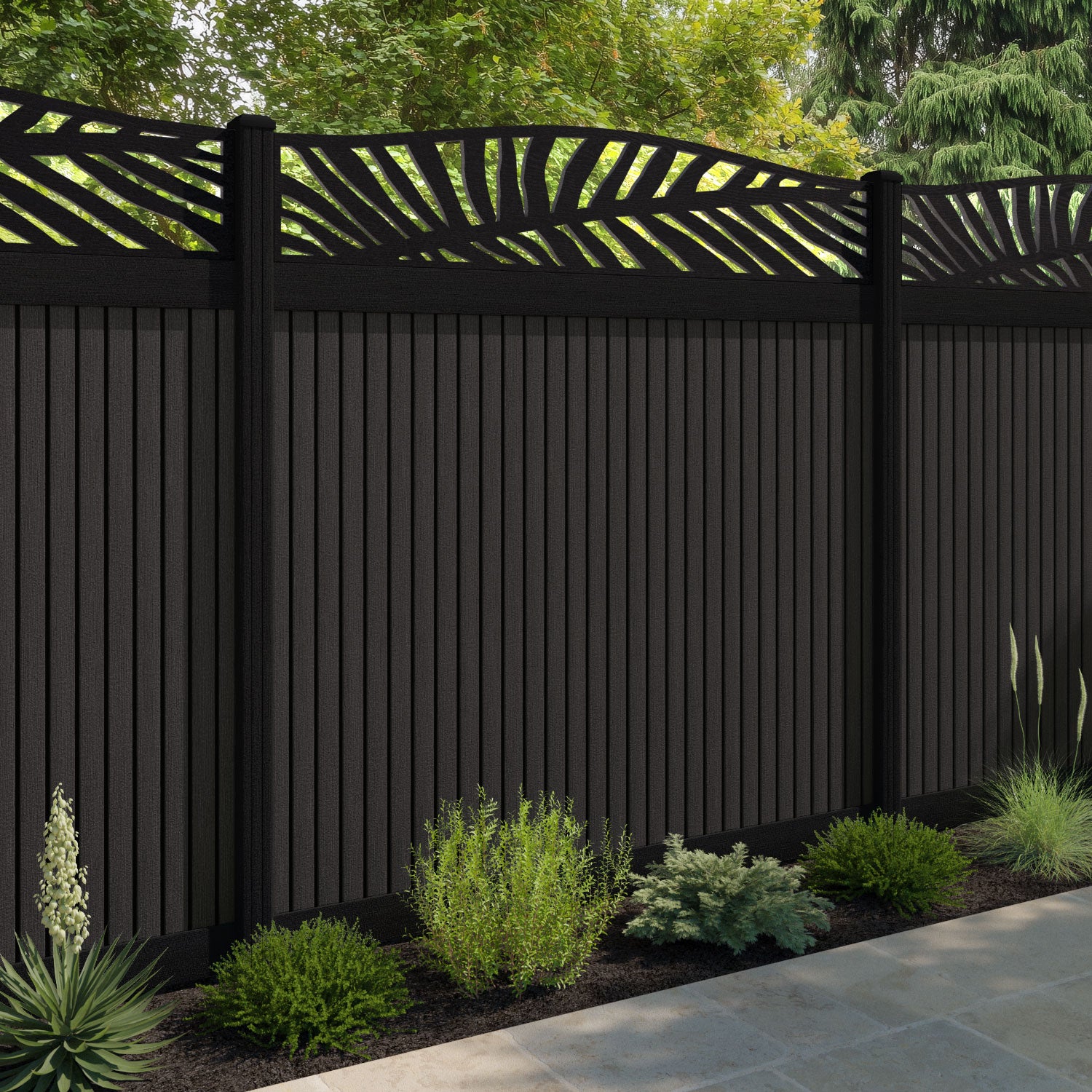 Virtis Palm Curved Top Fence Panel - Dark Oak - with our composite posts