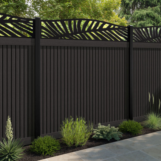 Virtis Palm Curved Top Fence Panel - Dark Oak - with our aluminium posts