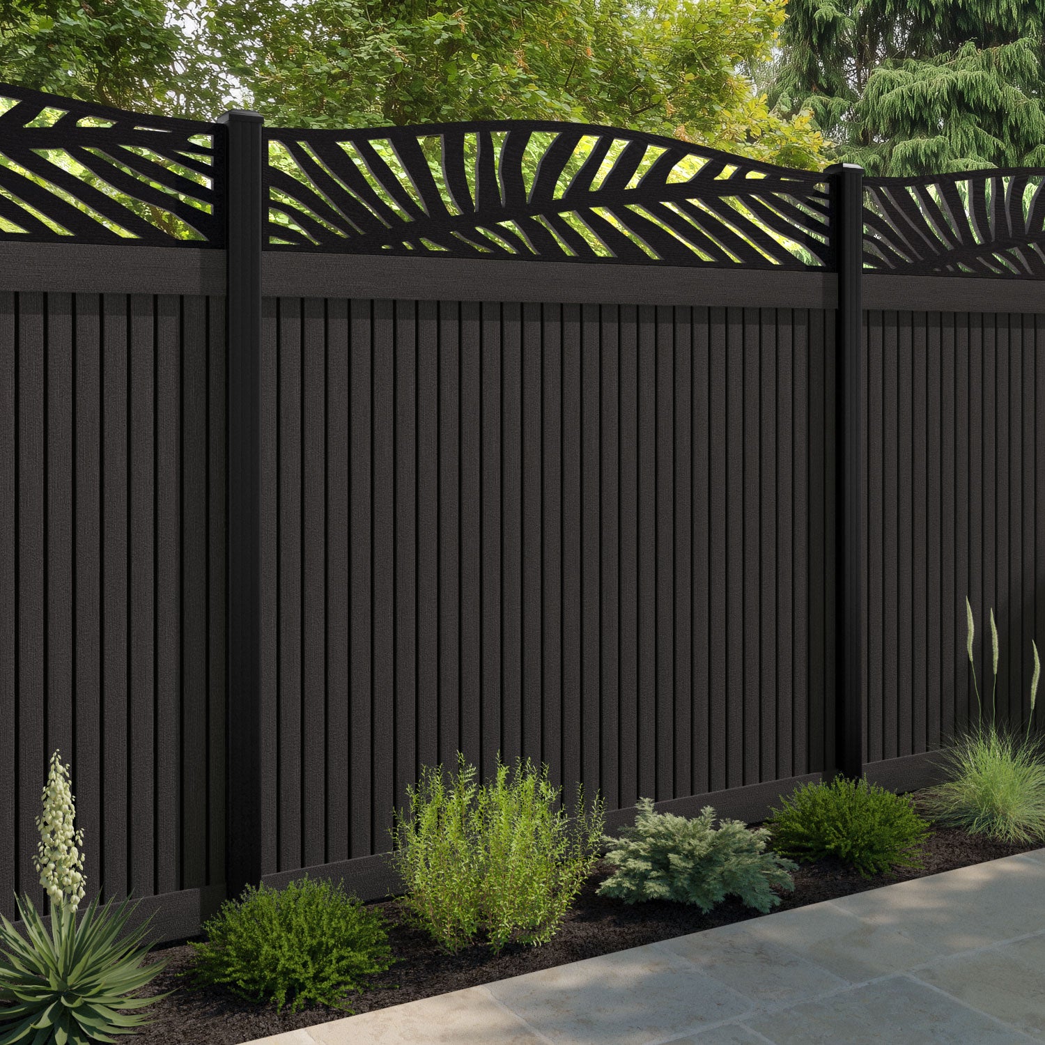 Virtis Palm Curved Top Fence Panel - Dark Oak - with our composite posts