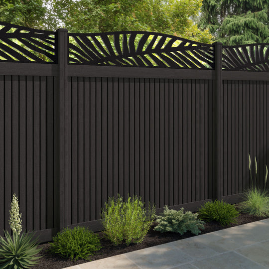 Virtis Palm Curved Top Fence Panel - Dark Oak - with our composite posts