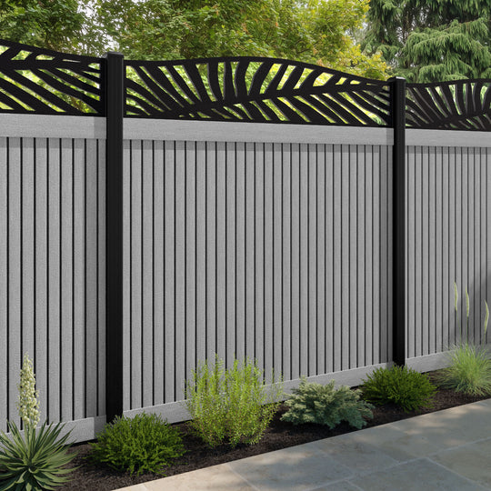 Virtis Palm Curved Top Fence Panel - Light Grey - with our aluminium posts