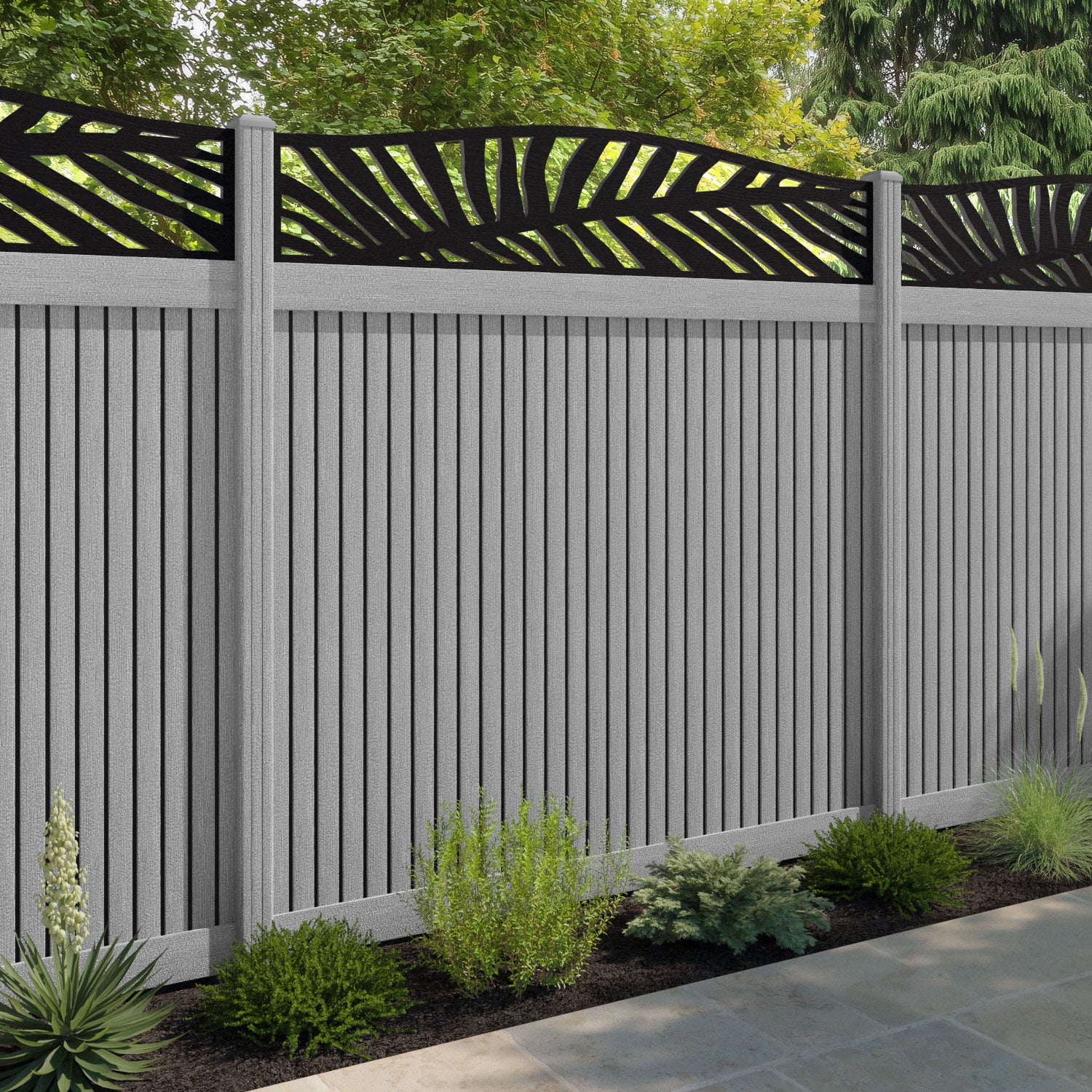 Virtis Palm Curved Top Fence Panel - Light Grey - with our composite posts