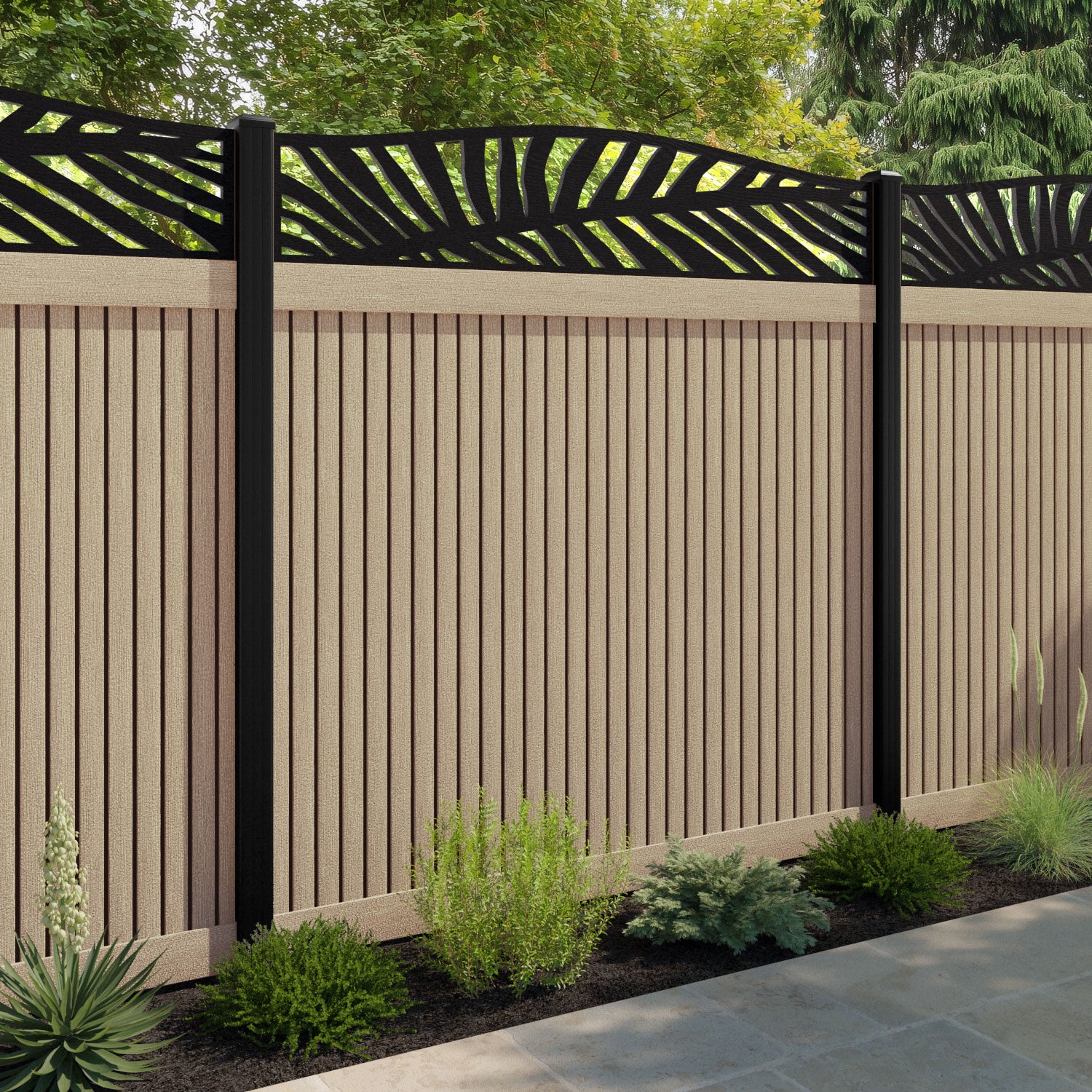 Virtis Palm Curved Top Fence Panel - Light Oak - with our composite posts