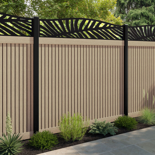 Virtis Palm Curved Top Fence Panel - Light Oak - with our aluminium posts