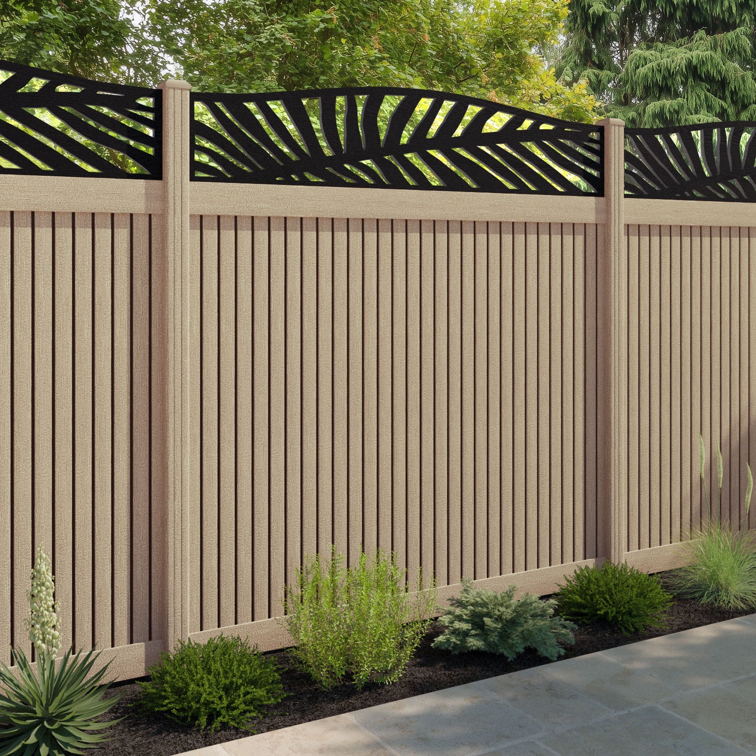 Virtis Palm Curved Top Fence Panel - Light Oak - with our composite posts