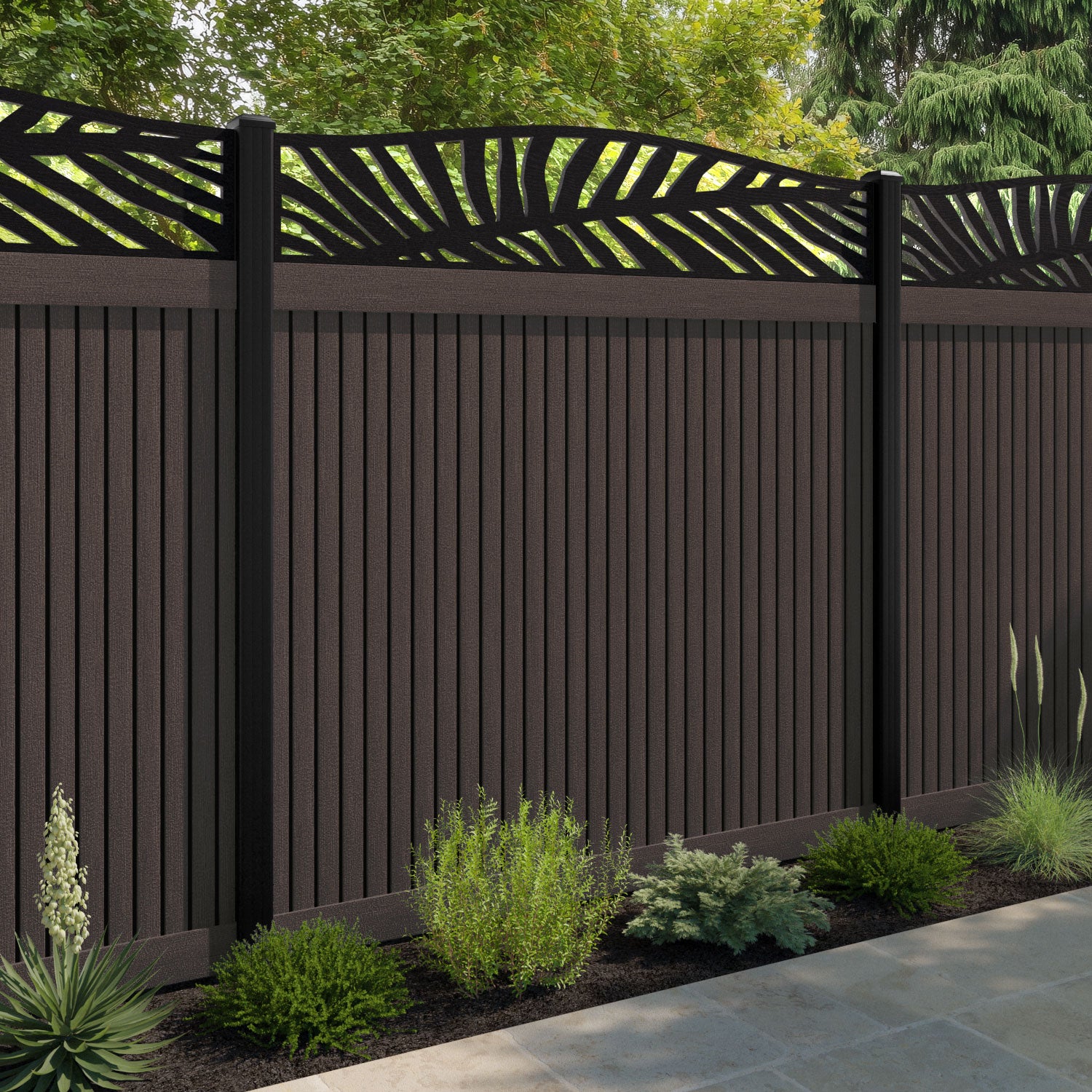 Virtis Palm Curved Top Fence Panel - Mid Brown - with our composite posts