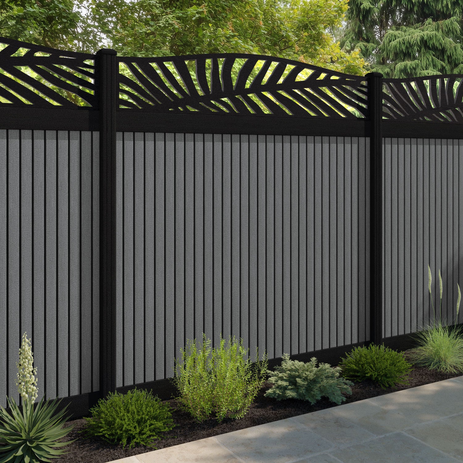 Virtis Palm Curved Top Fence Panel - Mid Grey - with our composite posts