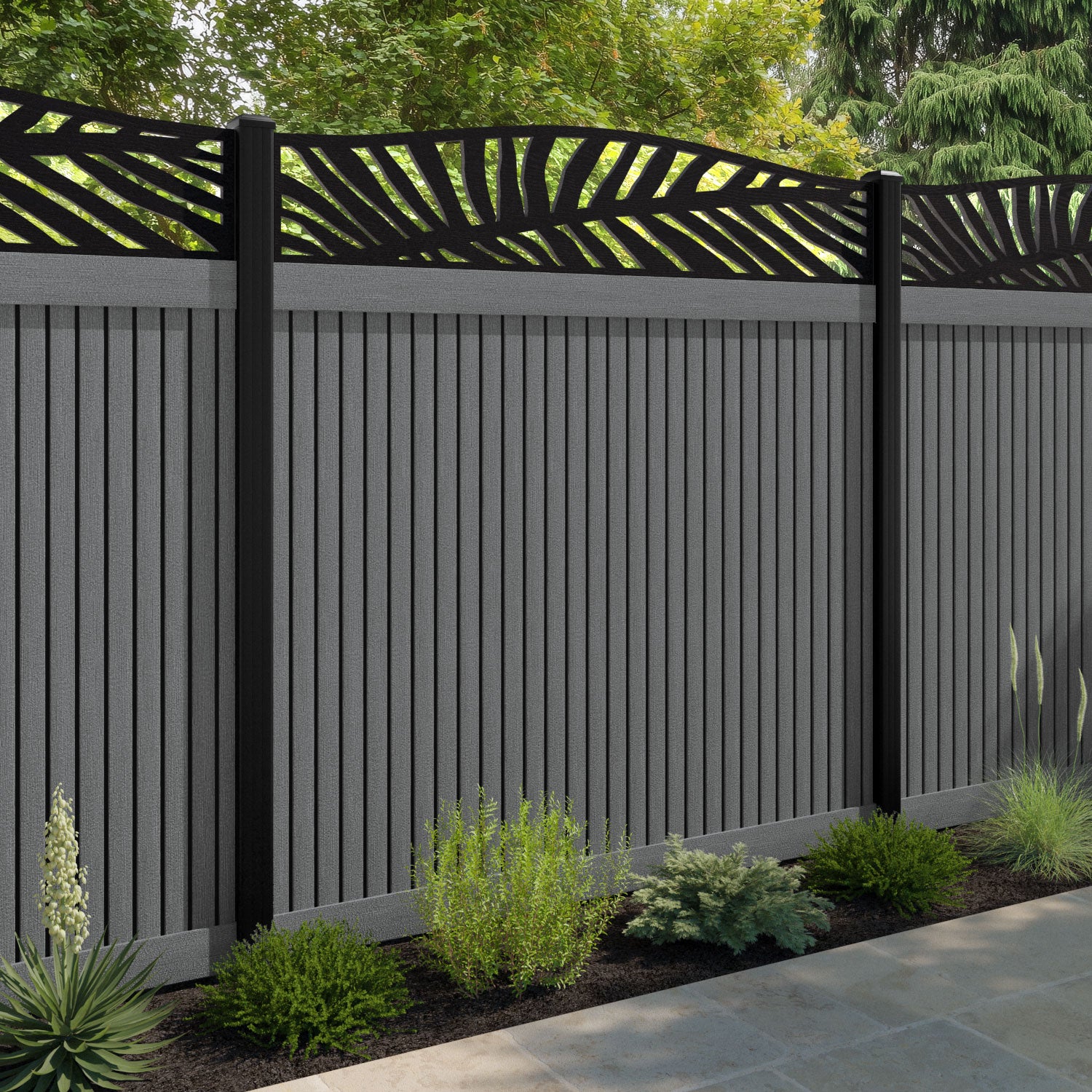 Virtis Palm Curved Top Fence Panel - Mid Grey - with our composite posts