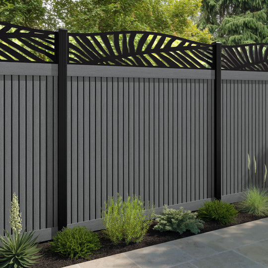 Virtis Palm Curved Top Fence Panel - Mid Grey - with our aluminium posts
