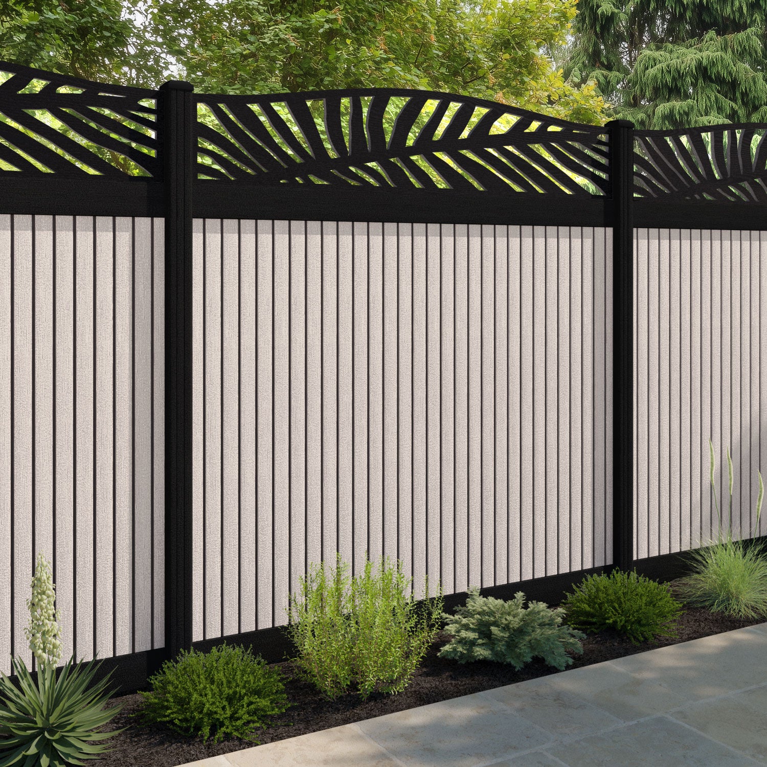 Virtis Palm Curved Top Fence Panel - Mid Stone - with our aluminium posts
