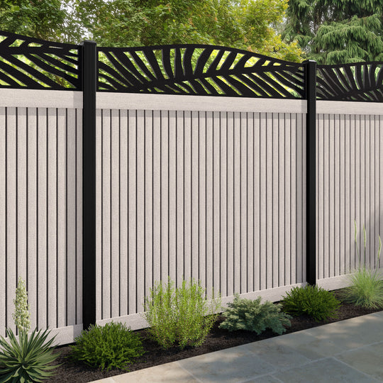 Virtis Palm Curved Top Fence Panel - Mid Stone - with our aluminium posts