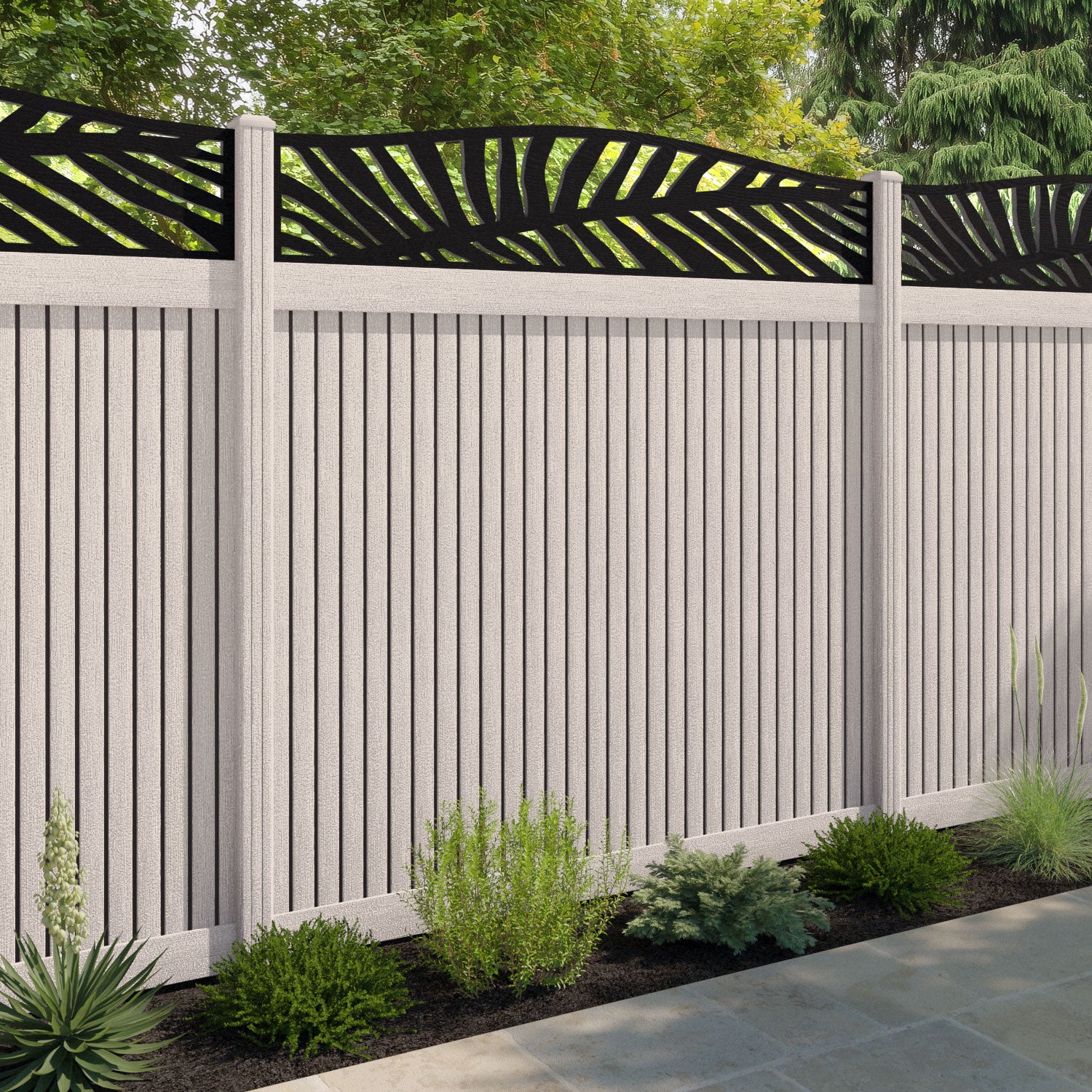 Virtis Palm Curved Top Fence Panel - Mid Stone - with our composite posts