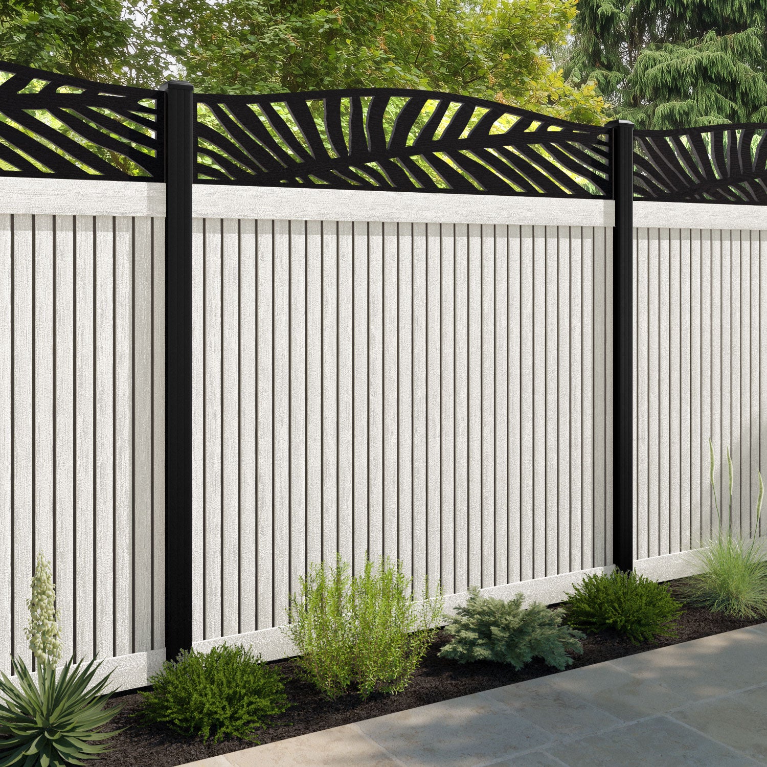 Virtis Palm Curved Top Fence Panel - Light Stone - with our aluminium posts