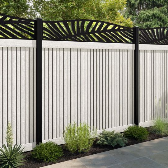 Virtis Palm Curved Top Fence Panel - Light Stone - with our aluminium posts