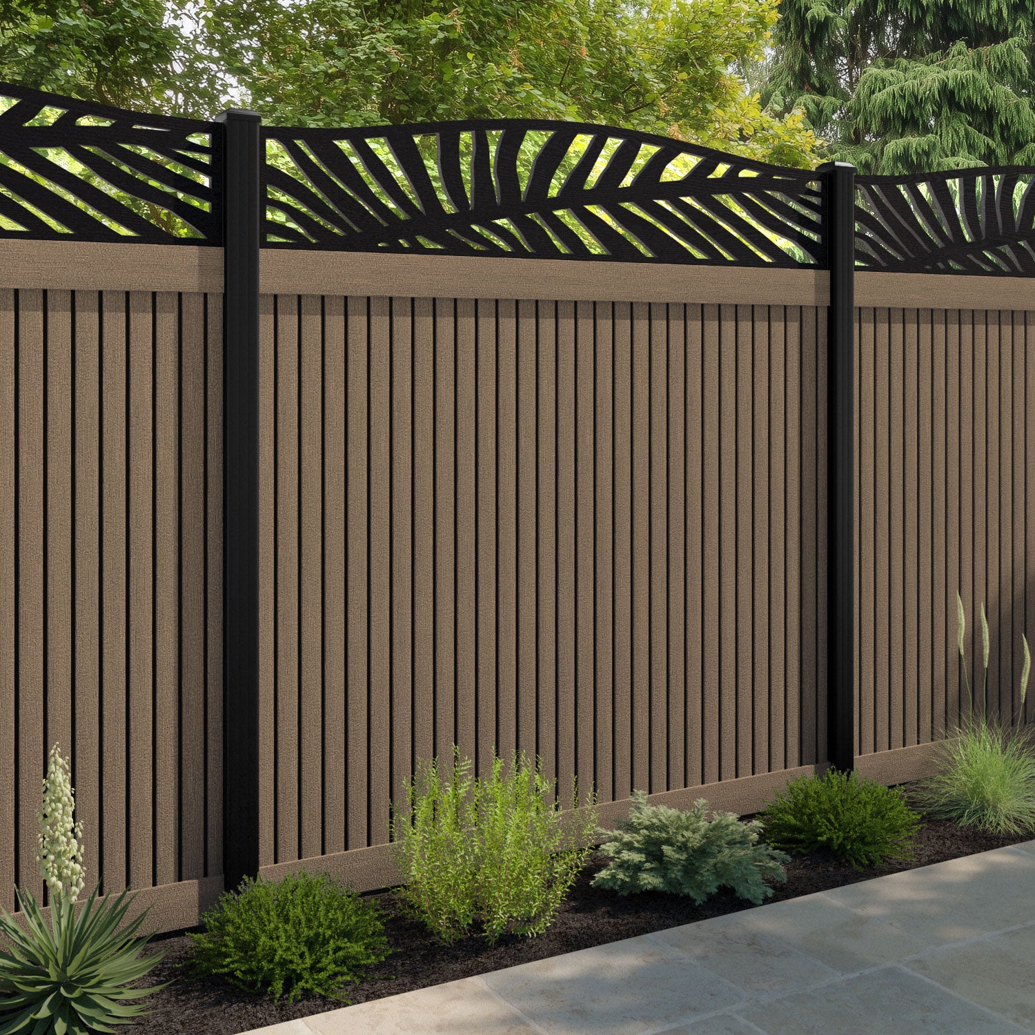Virtis Palm Curved Top Fence Panel - Teak - with our aluminium posts