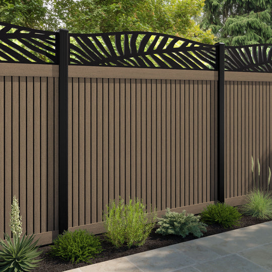 Virtis Palm Curved Top Fence Panel - Teak - with our aluminium posts