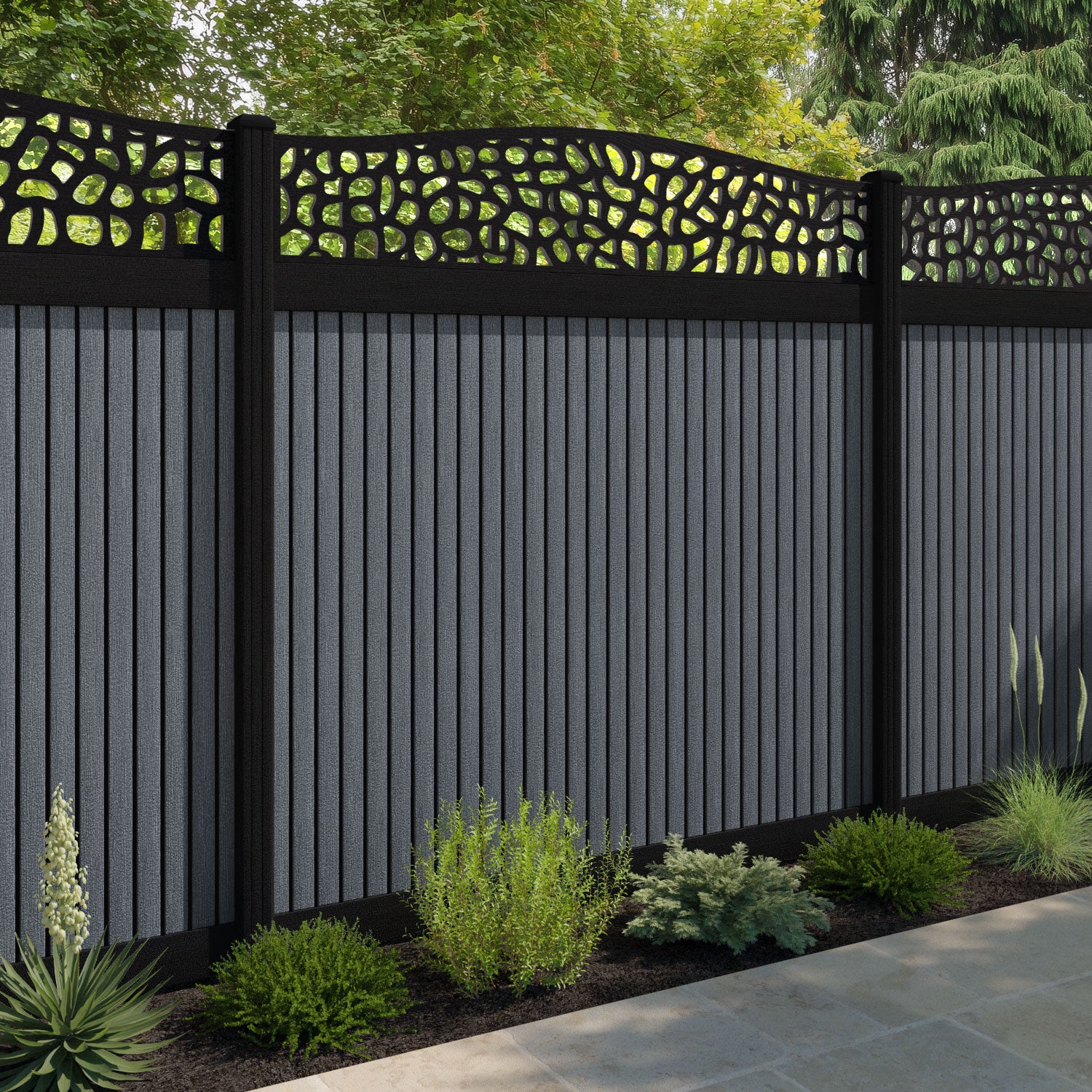 Virtis Pebble Curved Top Fence Panel - Anthracite - with our aluminium posts