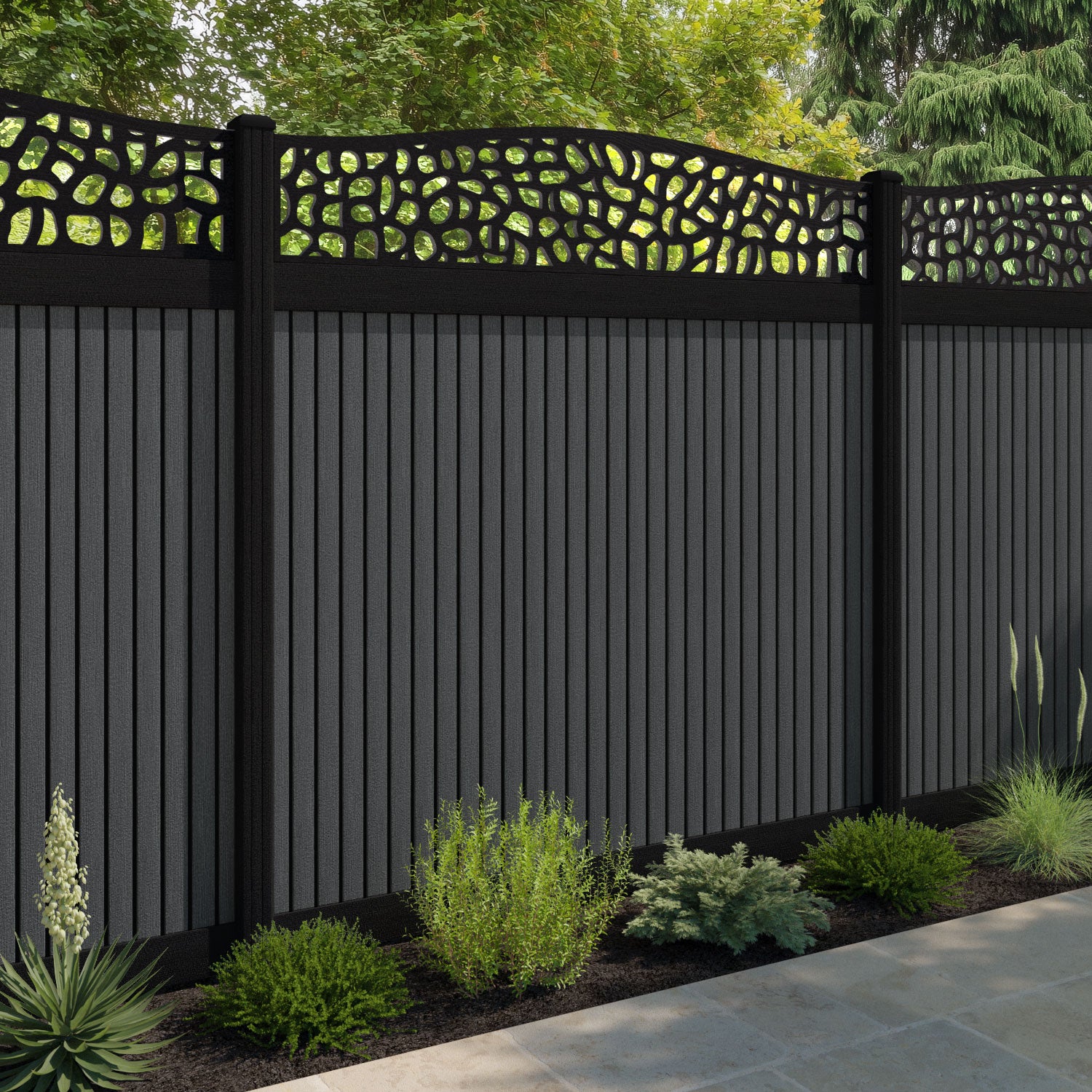 Virtis Pebble Curved Top Fence Panel - Dark Grey - with our aluminium posts